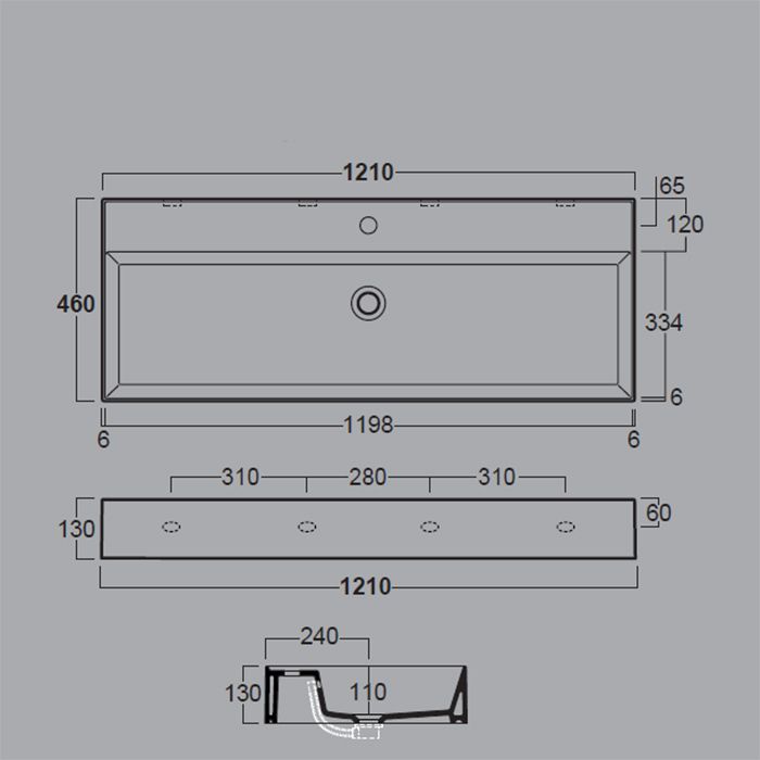 SIMAS AGILE Раковина подвесная 121х46 см, с переливом, с 1 отв под смеситель,цвет белый