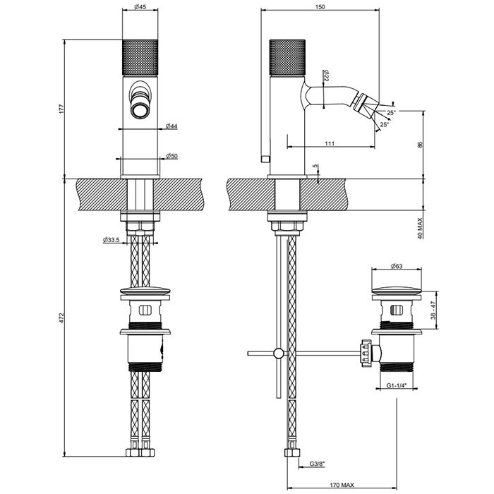 GESSI HABITO CESELLO Смеситель для биде на 1 отверстие, однорычажный, в комплекте с донным клапаном, цвет  Black Metal PVD