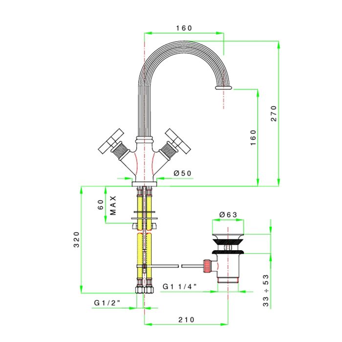 Nicolazzi Pantheon  Смеситель для  раковины, излив 160 мм, с донным клапаном,цвет хром
