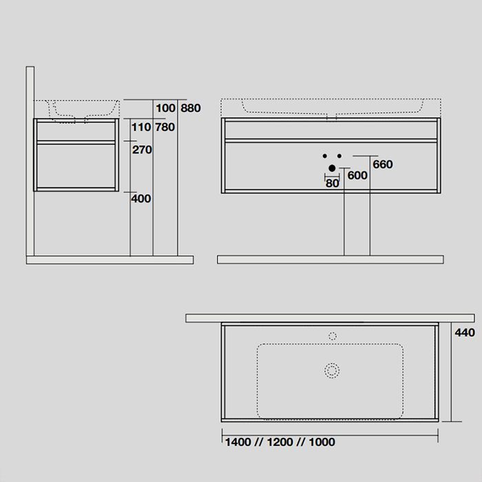 KERASAN Cento раковина подвесная/накладная 140х45см c 1отв под смеситель, цвет белый, артикул 353501*1