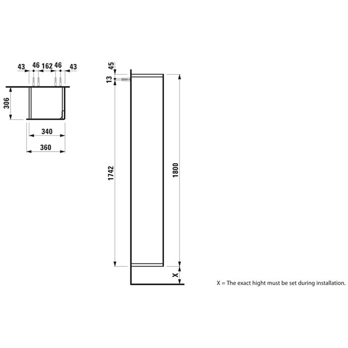 Шкаф-пенал, Laufen, Ino, ширина, мм-360, глубина, мм-305, высота, мм-1800, тип установки-подвесной, дверцы-есть 1, петли-справа, 5 встроенных полок, материал корпуса-МДФ шпон, материал фасада-МДФ шпон, цвет-темный орех, артикул 4.2545.2.030.171.1