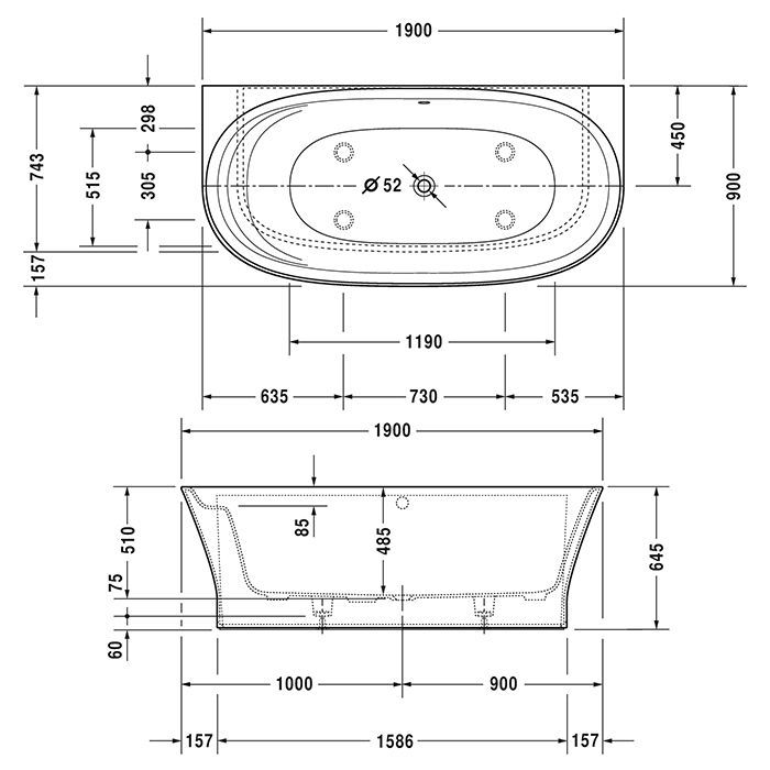 Duravit Cape Cod Ванна пристенный вариант, 1900x900mm с бесшовной панелью и ножками, с одним наклоном для спины, цвет белый (без слива-перелива)