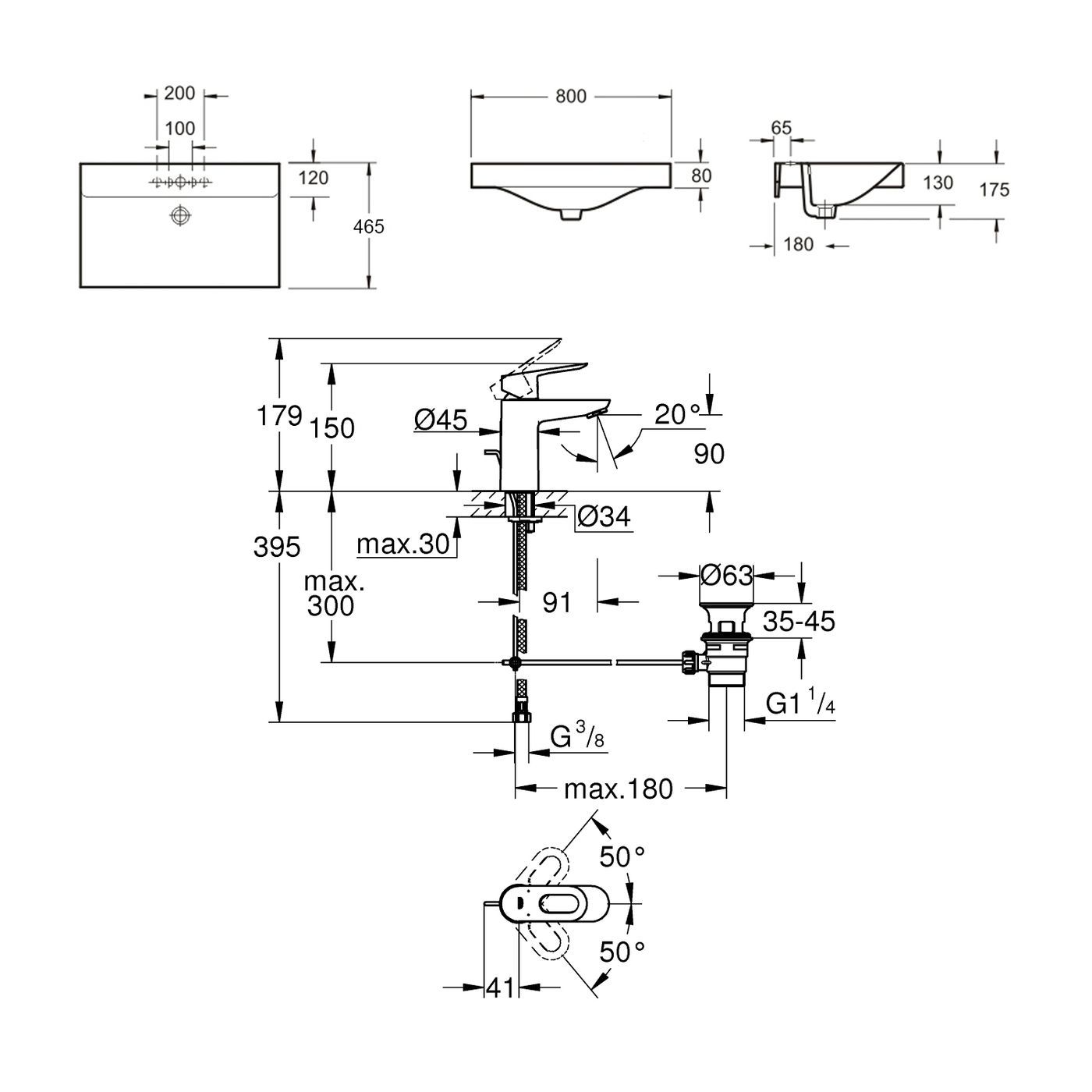 Комплект 2 в 1 Lavinia Boho Bathroom Sink 21510414, врезная фарфоровая раковина 80 см, смеситель с донным клапаном