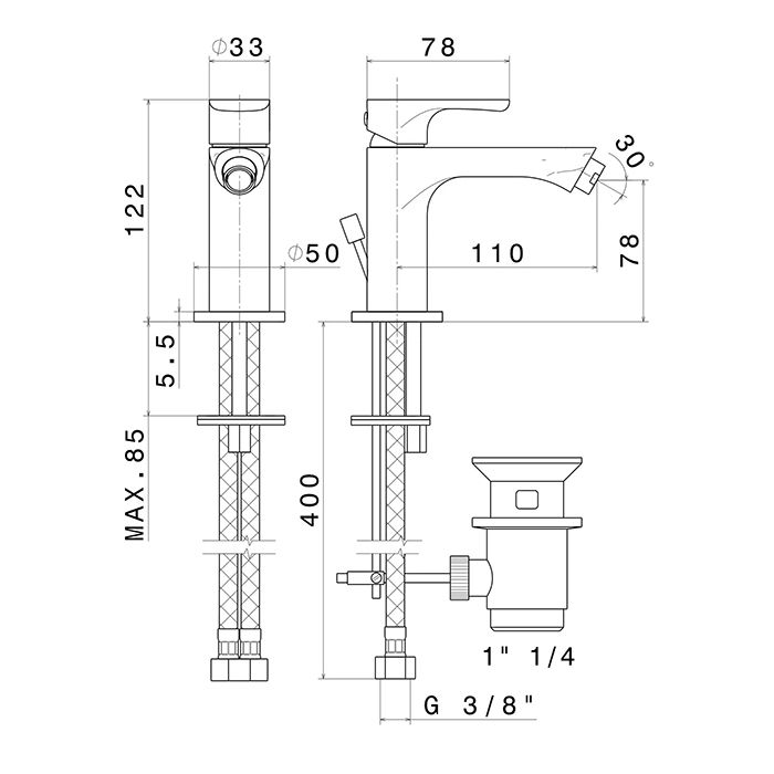 Смеситель для биде OLE однорычажный с донным клапаном, золотой атласный, артикул 69425KM.M0.071