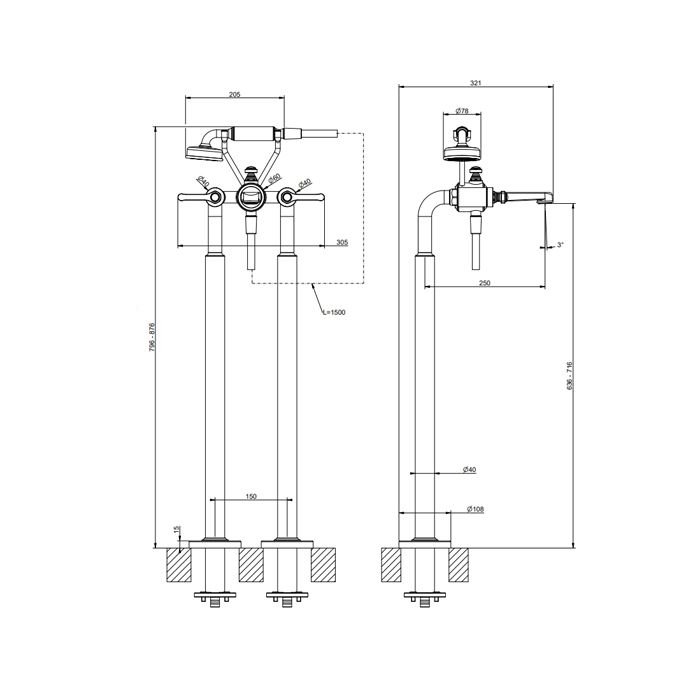 GESSI VENTI20 Смеситель для ванны напольный, двухвентильный, с ручным душем и шлангом 1500 мм., внешняя часть, цвет Warm Bronze Br. PVD