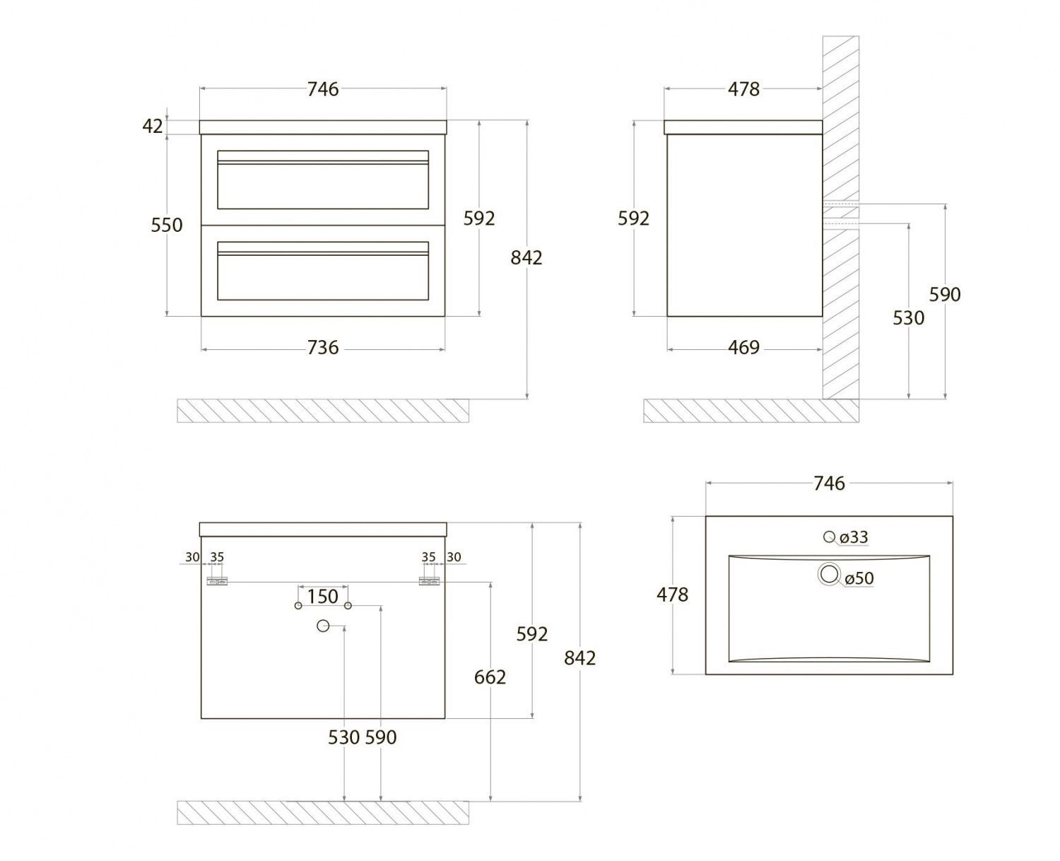 PLATINO База под раковину подвесная с двумя выкатными ящиками, Белый матовый AM-Platino-750-2C-SO-BM, артикул AM-Platino-750-2C-SO-BM