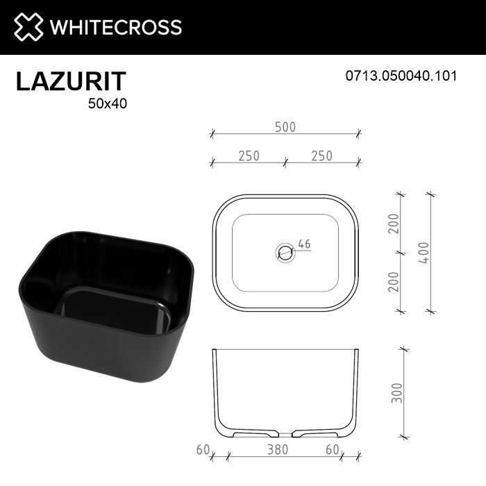 Умывальник WHITECROSS Lazurit 50x40 (черный глянец) иск. камень Умывальник WHITECROSS Lazurit 50x40 (черный глянец) иск. камень