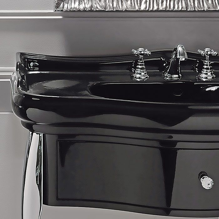 KERASAN Retro 7363K3, база 100см , под раковину 1050, цвет: черный глянц, ножки (арт.736290): хром, ручки: кристалл/кольцо-хром (упаковка-2 коробки), артикул 7363K3