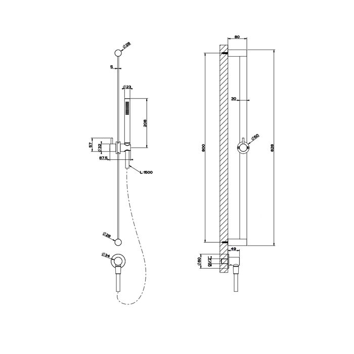GESSI 316 Штанга в комплекте с душевой лейкой с легкой очисткой, шланг 1,50 м, вывод воды из стены, цвет: steel brushed