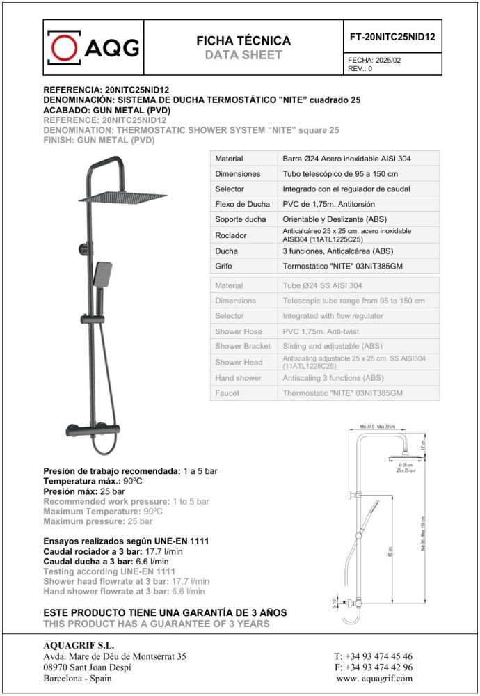 AQG Nite, душевая колонна регул. по высоте 95-150 см: c термостатом и квадратным верхним душем 25х25 см, цвет оружейная сталь (PVD), артикул 20NITC25NID12