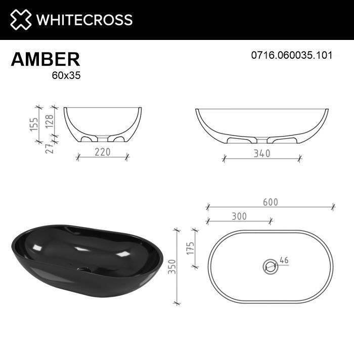 Умывальник WHITECROSS Amber 60x35 (черный глянец) иск. камень