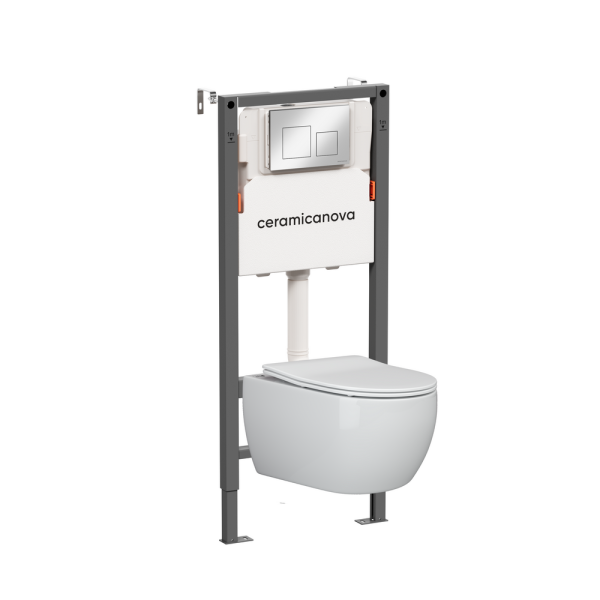 Комплект Подвесной унитаз Игра (Play) Безободковый (Rimless) + Система инсталляции Баланс (Balance) кнопка Квадрат (Square), хром глянцевый