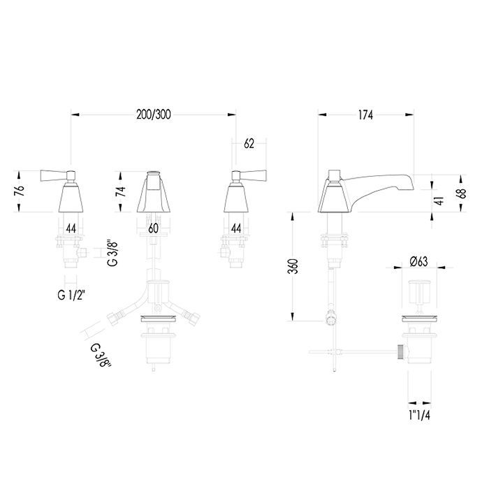 Devon Vip Time Смеситель для раковины  на 3 отв. с донным клапаном, ручки из черного хрусталя , цвет хром, артикул 3VPTIME200CRNE