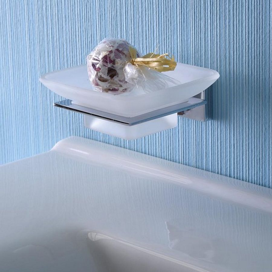 Мыльница APOLLO, стеклянная с подставкой, настенная, 102x44x112 мм, хром, Sapho, артикул 1416-02