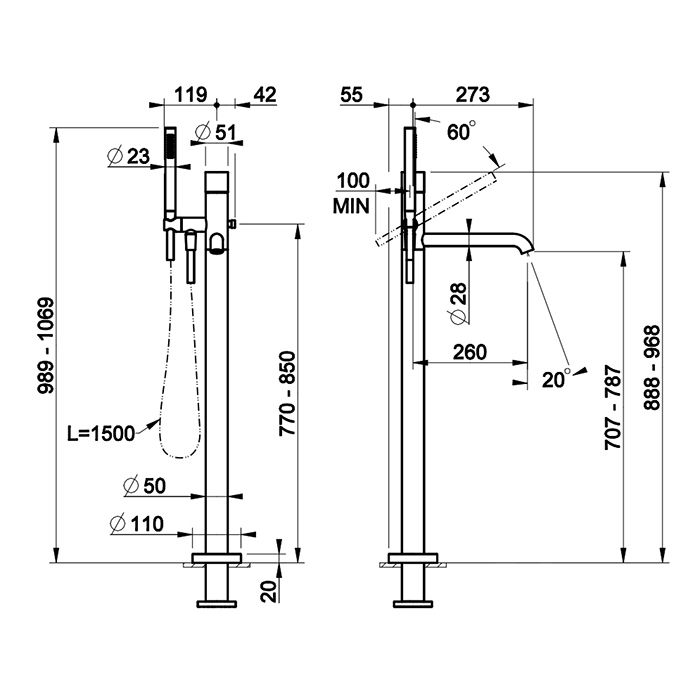 GESSI HABITO RIGATO Смеситель для ванны напольный, однорычажный, цвет хром