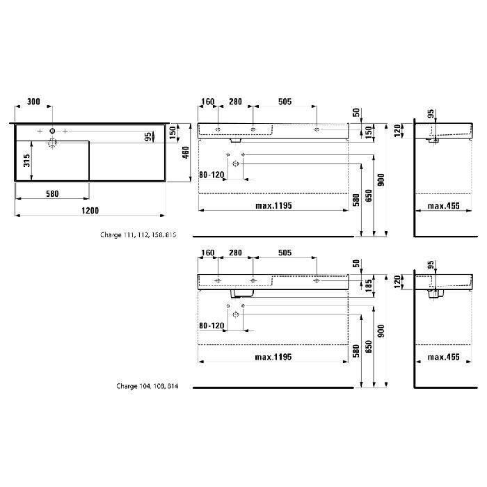 Раковина, Laufen, Kartell by, ширина, мм-1200, глубина, мм-460, отверстия для смесителя-3, цвет-белый, полка справа