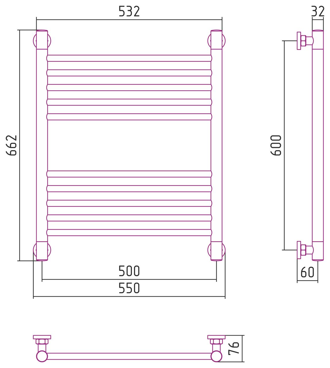 Полотенцесушитель водяной "Богема+" прямая 600х500 (САТИН)