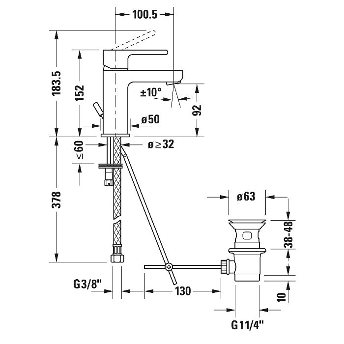Duravit B.2 Смеситель для раковины с донным клапаном, на 1 отв., излив 101мм, h=152мм, цвет: хром