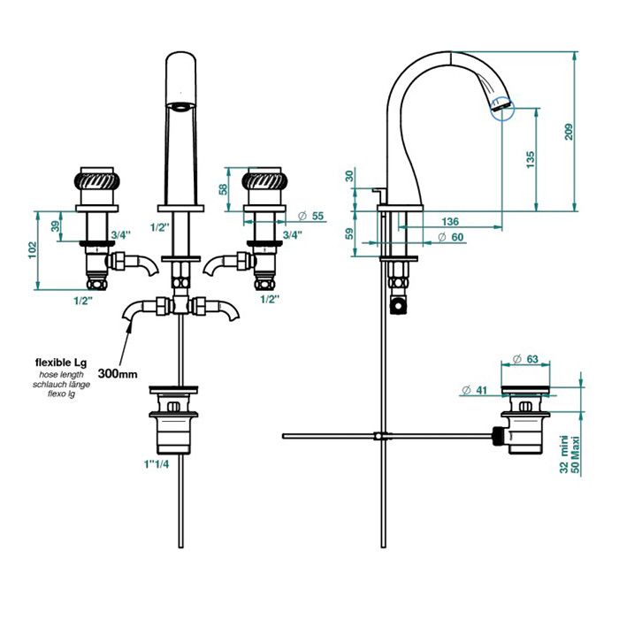 THG DIPLOMATE ROPED RINGS Смеситель для раковины на 3 отверстия, с донным клапаном, цвет хром/золото