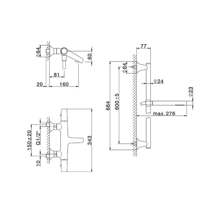 CISAL Vita Комплект для ванны с душем: термостат+ душевой гарнитур штанга L=664мм, шланг и ручной душ 1 режим,  цвет хром
