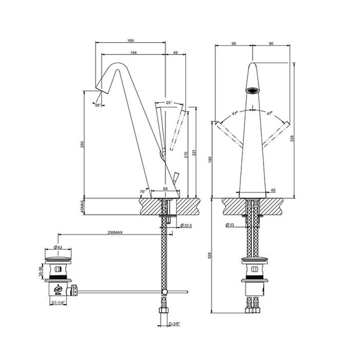 Gessi Cono Смеситель для раковины высокий с донным клапаном на 1 1/4”, соединительные шланги на 3/8, цвет Black XL