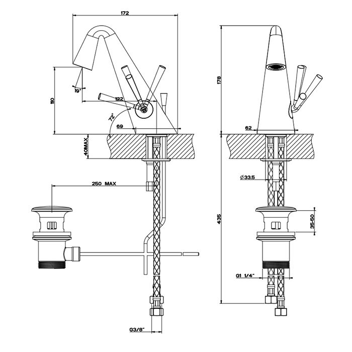Gessi Cono Смеситель для раковины  с донным клапаном на 1 1/4”, соединительные шланги на 3/8, цвет Black Metal PVD