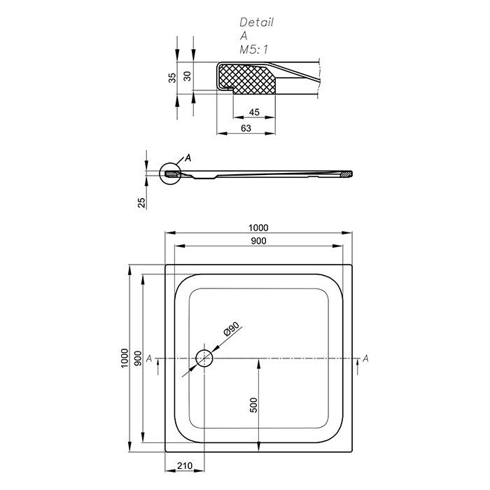 BETTE ULTRA Душевой поддон квадратный 1000х1000х25 мм., с полистироловой опорой EPS, сливное отв-е диаметр 90 мм., с шумоизоляцией, цвет белый