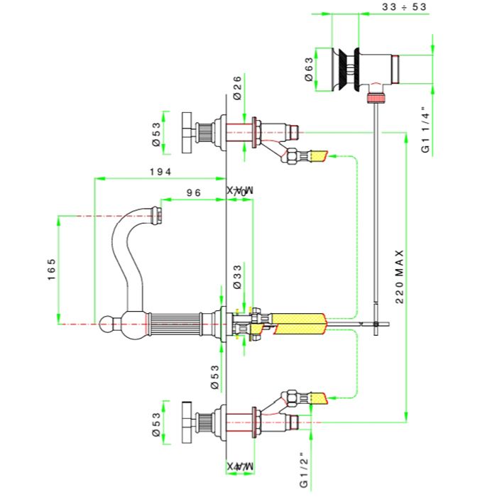 Nicolazzi Pantheon  Смеситель для  раковины на 3 отв, излив 165 мм, с донным клапаном,цвет хром