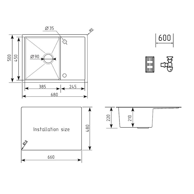 Кухонная мойка Ulgran Steel 680x500, черная брашированная сталь, артикул US 680-002