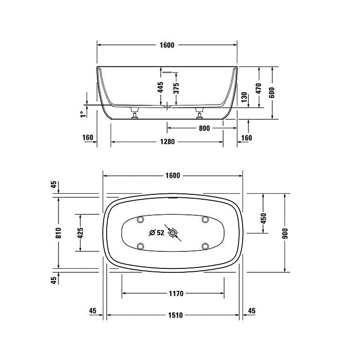 Duravit Aurena Ванна свободностоящая 1600 x 900 мм, из материала DuroCast Plus,в компл сливной гарнитур  ,Цвет: Белый матовый