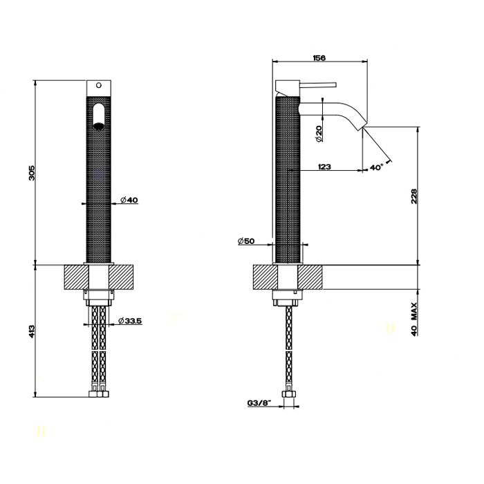 GESSI 316 Смеситель для раковины на 1 отверстие, высокий, h=305мм, без донного клапана, излив 123мм, цвет: steel brushed