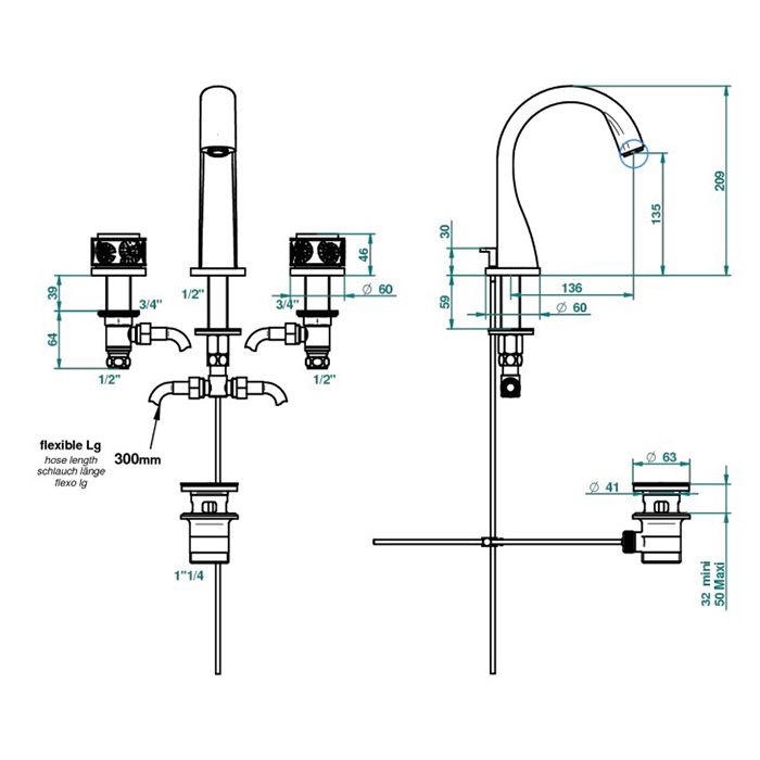 THG ISLAND Смеситель для раковины на 3 отверстия, ручки с подсветкой, с донным клапаном, цвет Soft gold