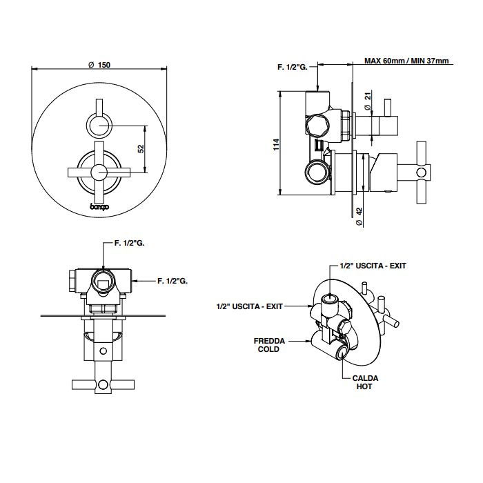 Bongio T Cross Встраиваемый смеситель на 2 выхода,с картриджем, цвет хром (со встроенной частью)