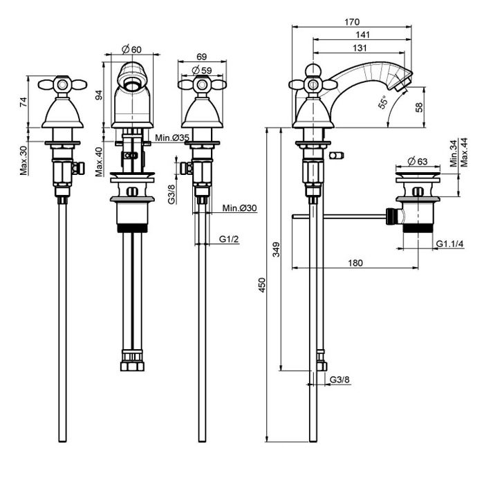 FIMA|Carlo Frattini Olivia Смеситель для раковины, на 3 отверстия, высота 94 мм., с донным клапаном, цвет хром