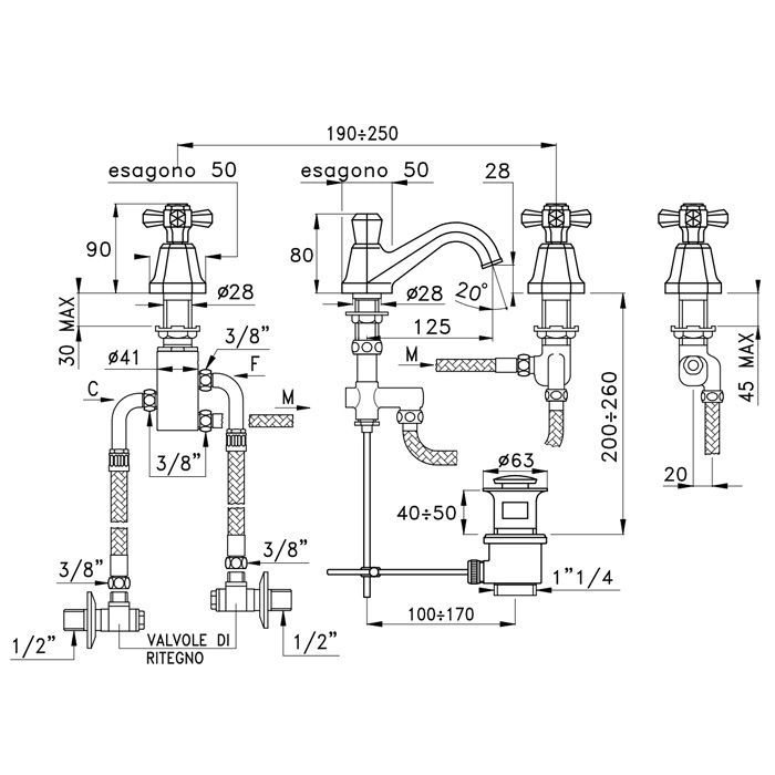 Stella Eccelsa Смеситель для раковины на 3 отверстия 3224TC, с донным клапаном, цвет: хром