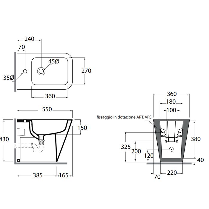 AZZURRA BUILD  Биде напольное 55х36х42 см. с 1 отв. под смеситель , с крепежами, цвет белый