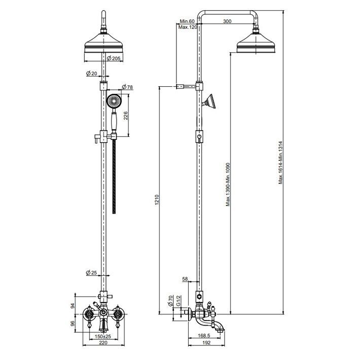 FIMA|Carlo Frattini Epoque Смеситель для ванны внешнего монтажа, с душевой стойкой, верхним душем Ø 200 мм. и душевым комплектом, цвет хром