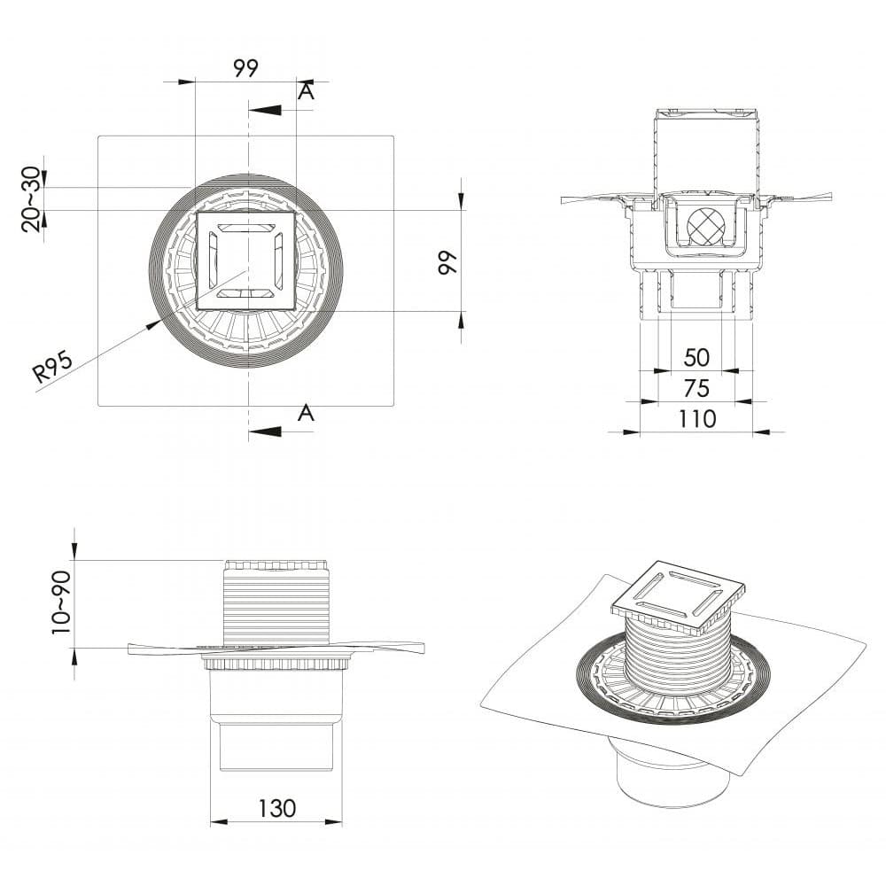Трап BERGES водосток ZENTRUM Norma 100х100, матовый хром, выпуск D50/75/110 H74 вертикальный