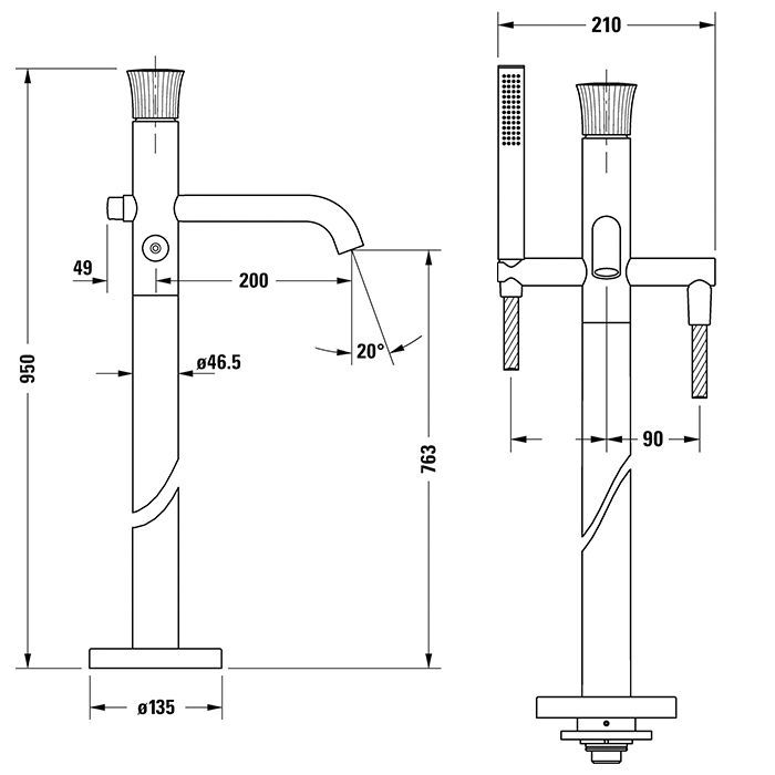 Duravit White Tulip Напольный смеситель для ванны с ручным душем, h-950мм, излив 200мм цвет:, артикул WT5250000010