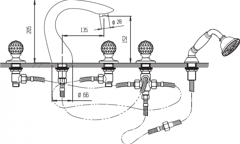 Смеситель на борт ванны с выдвижным душем CEZARES ATLANTIS-BVD