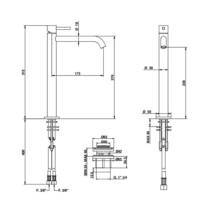 Bongio ON Смеситель для раковины высокий на 1 отв, излив 173 мм , с донным клапаном clic clac ,цвет хром, артикул 68532CRPR