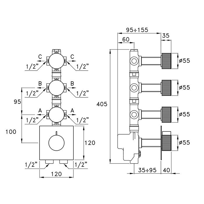 Stella Sirius Внешняя часть встраиваемого термостатического смесителя на 3 источника. цвет черный матовый