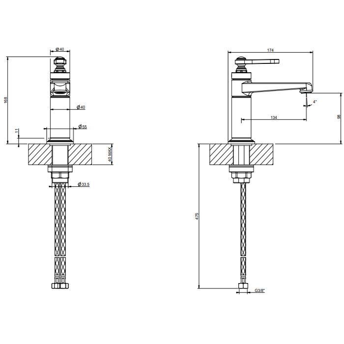 GESSI VENTI20 Смеситель для раковины на 1 отверстие, однорычажный, без донного клапана, цвет Finox Brushed Nickel
