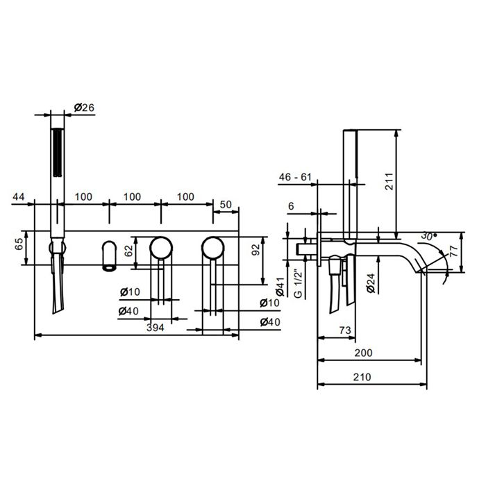 Fantini Nostromo Смеситель для ванны, встраиваемый, с ручн душем, излив 200мм, (наружняя часть), цвет: хром