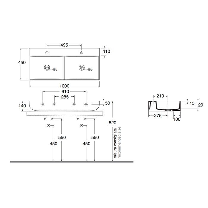AZZURRA LEUCA Раковина двойная накладная 100х45х14 см, без отв. под смеситель, цвет белый