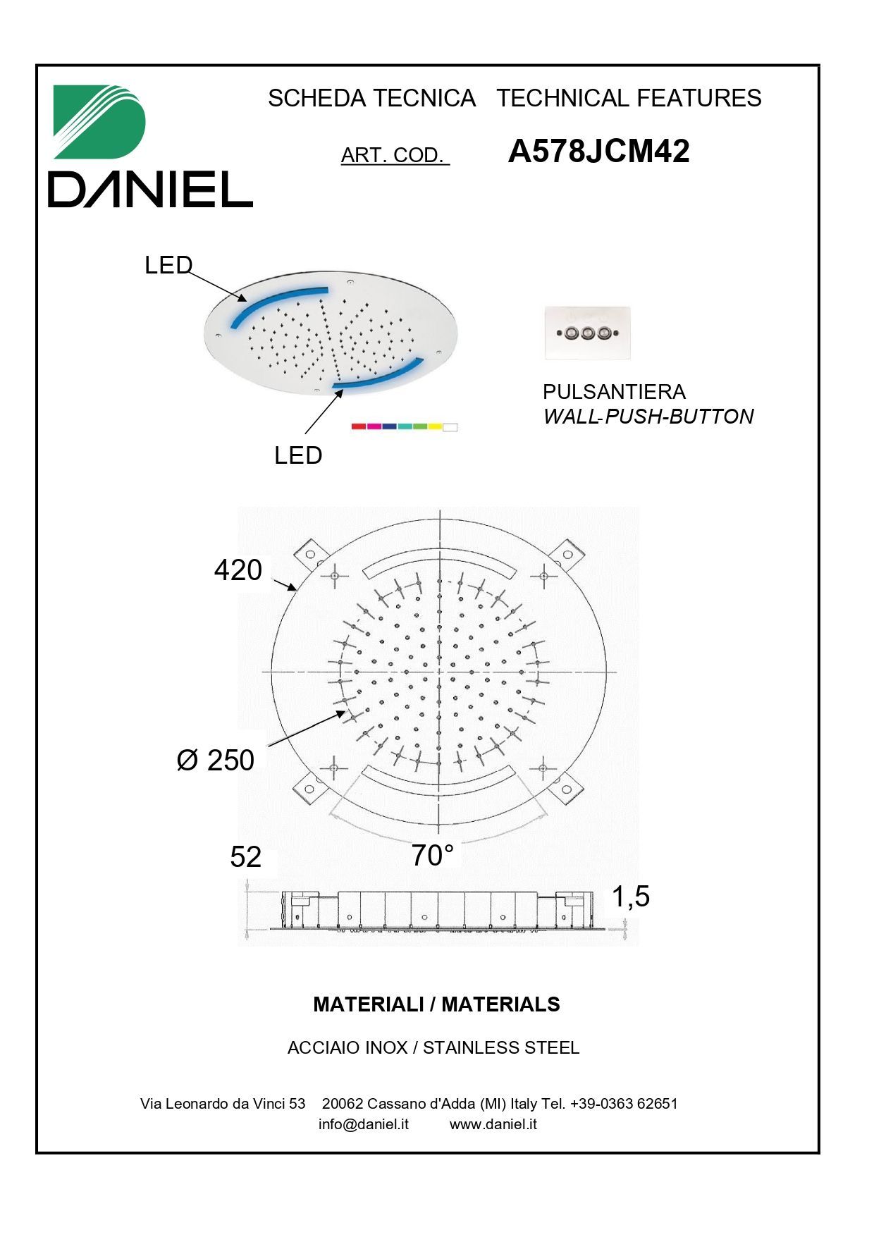 Daniel, потолочная лейка для душа с 7 цветной светодиодной подсветкой, диаметр 420 мм, цвет хром