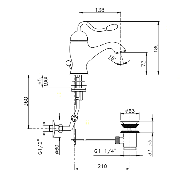 Nicolazzi Signal Смеситель для раковины, с донным клапаном, на 1 отверствие, излив: 138 мм, цвет: хром
