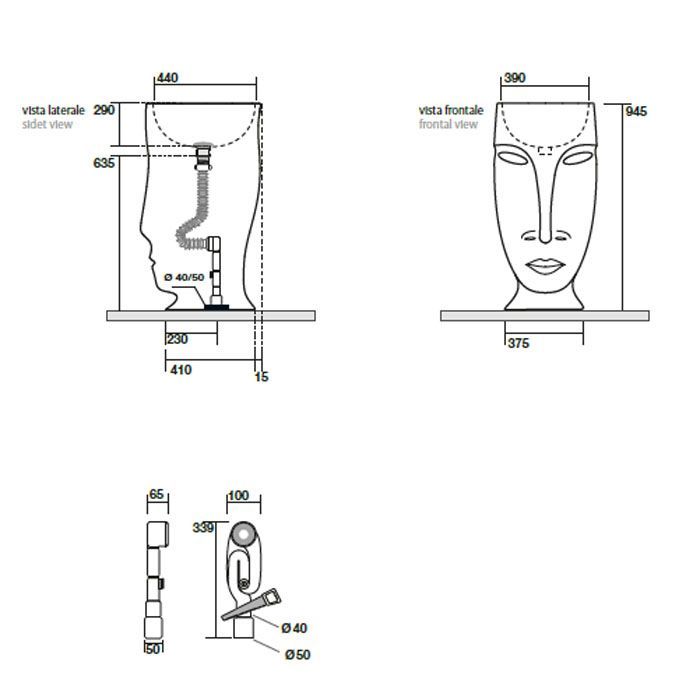 Kerasan Artwork Раковина свободностоящая "MOLOCO", с отверстием для слива в стену, цвет белый/античное золото