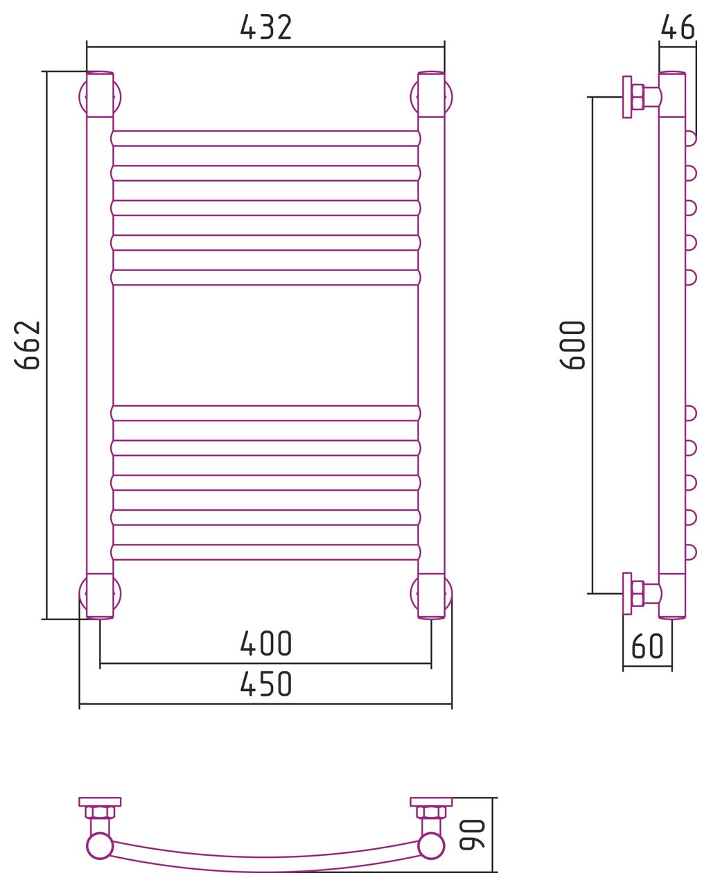 Полотенцесушитель водяной "Богема+" 600х400 (МУАР Темный Титан)