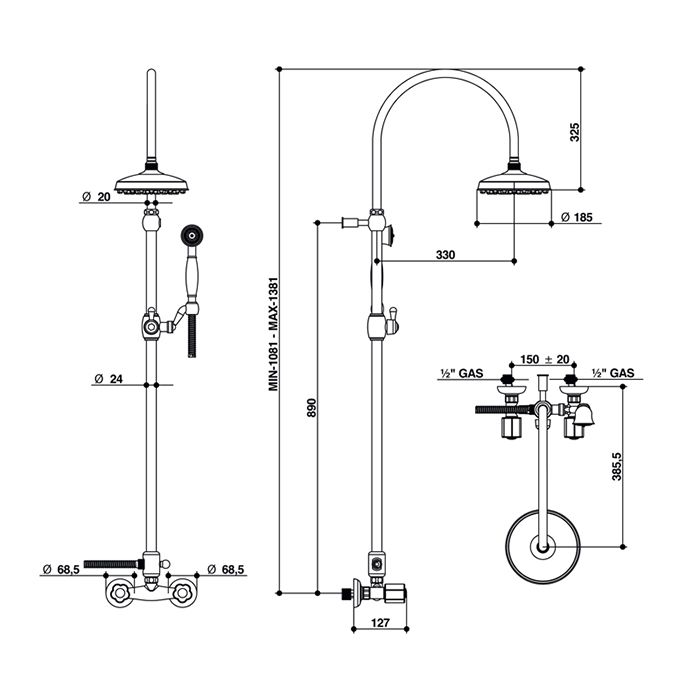 Bongio Fleur Noir Смеситель  душевой со стойкой с верхним и ручным душем, цвет золото/черный фарфор
